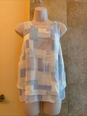 Joie women's 100% Silk tank top Geometric Layered - Light Blue & White XS
